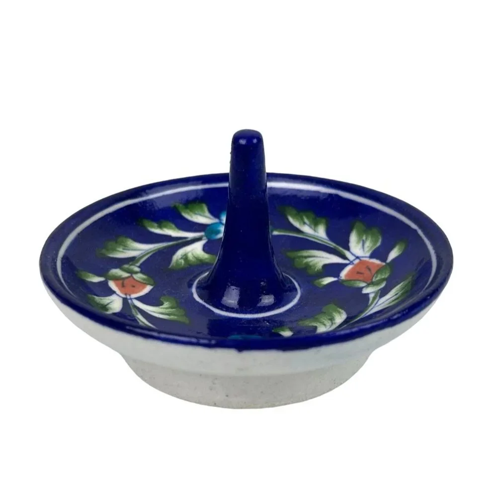 Handmade Pottery Ring Trinket Holder Jewelry Dish Cobalt Blue Floral Home Decor